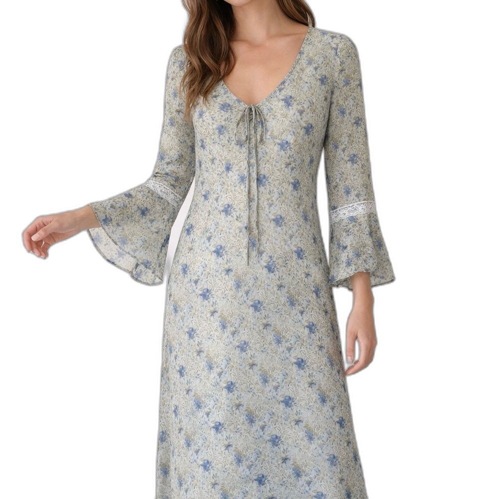 Plaza South Boho Floral Maxi Dress Blue Beige Cottagecore Bell Sleeve Tie Neck
